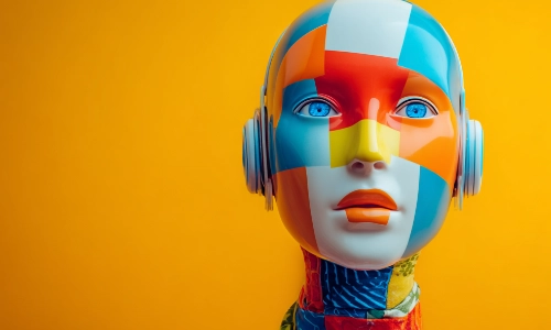 Bunter Roboterkopf mit Kopfhörern