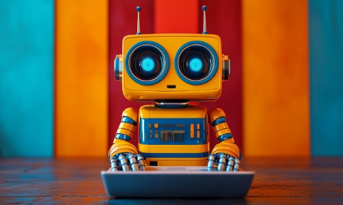 Roboter mit Lupe sucht zwischen Buchstaben