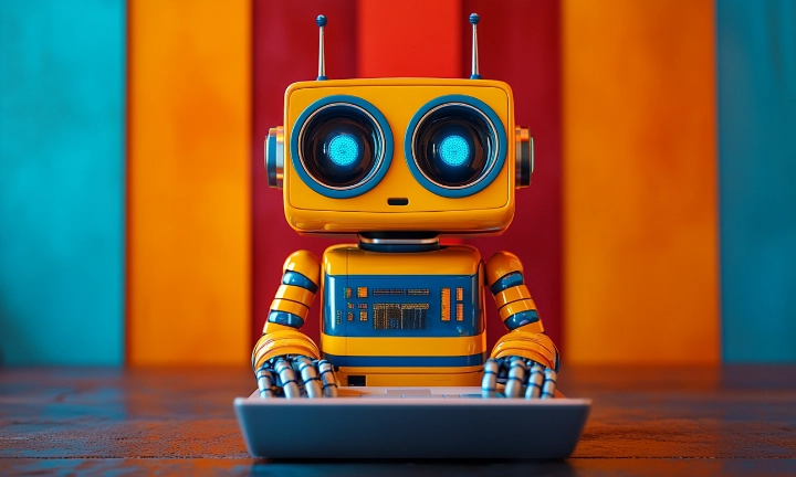 Roboter mit Lupe sucht zwischen Buchstaben