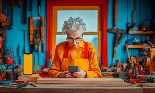 Frau mit Smartphone in Werkstatt
